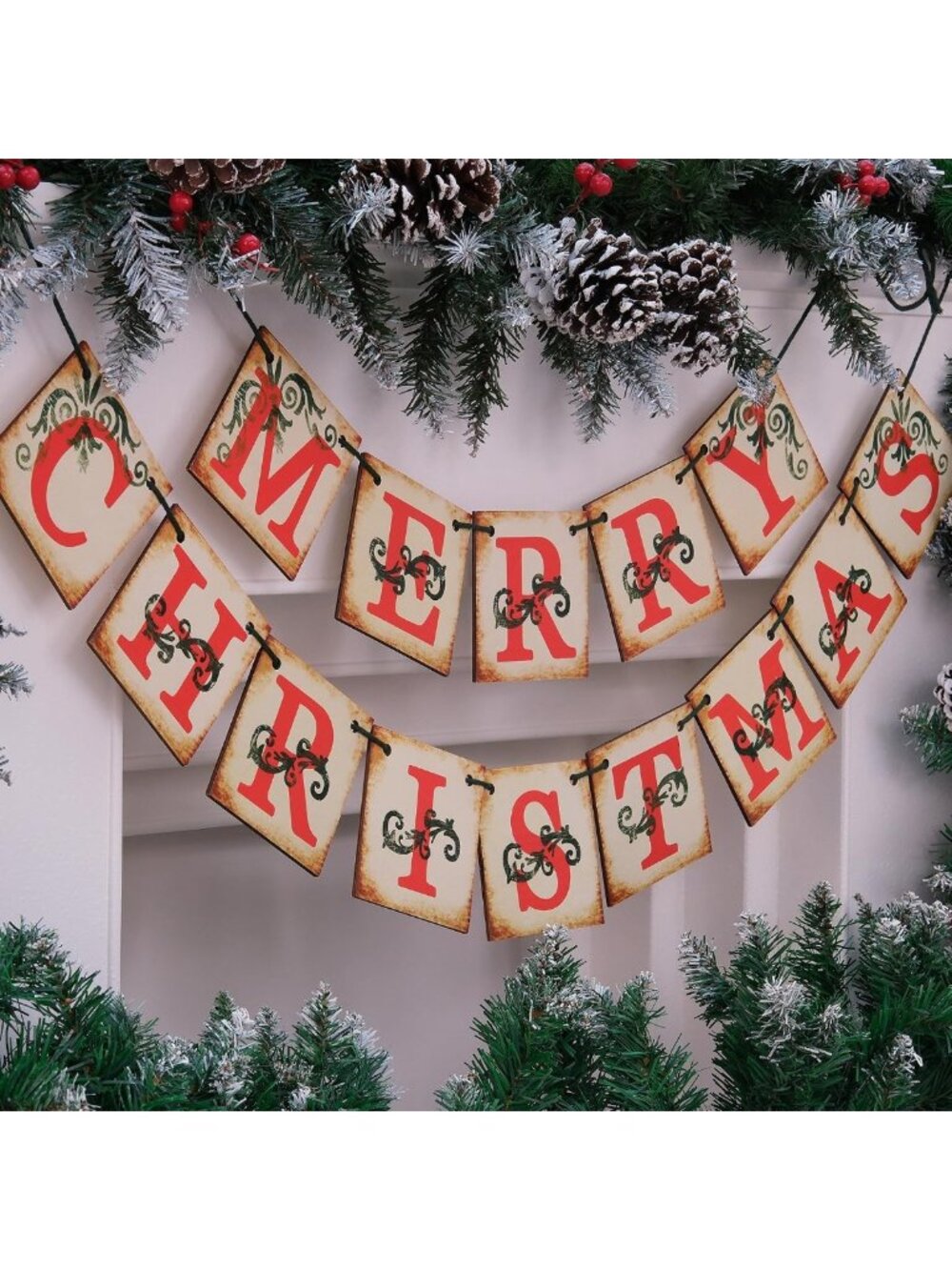 Vintage Merry Christmas Banner | Distressed Wood Holiday Decor for Mantle